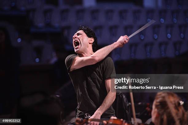 Italian musician and composer Ezio Bosso conducts the Orchestra of the Conservatorio of Bologna during the rehearsal before the concert for the...