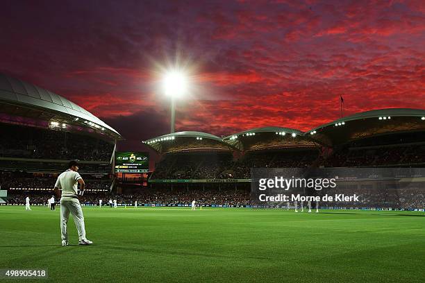 General view of play under lights during day one of the Third Test match between Australia and New Zealand at Adelaide Oval on November 27, 2015 in...