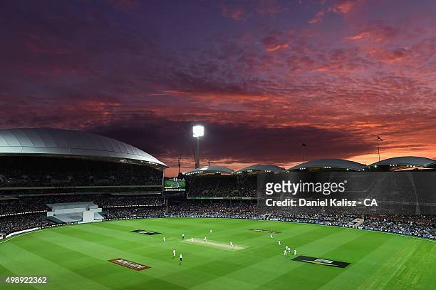 General view of play during the firt sunset of a day/night test match during day one of the Third Test match between Australia and New Zealand at...