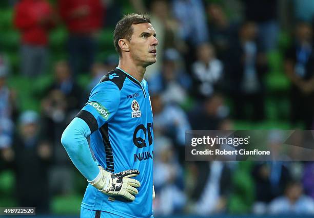 Perth Glory goalkeeper Ante Covic looks dejected after conceding his team's fifth goal during the round eight A-League match between Melbourne City...