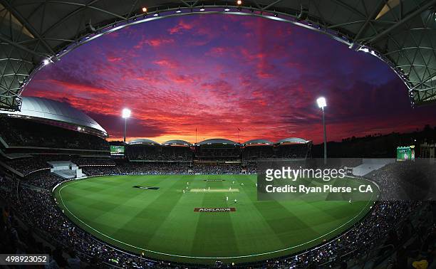 General view of play at sunset during day one of the Third Test match between Australia and New Zealand at Adelaide Oval on November 27, 2015 in...