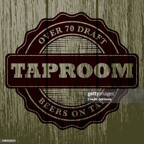 vintage taproom label on aged wood - beer label stock illustrations