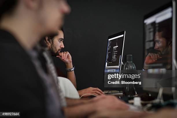 Students work on computers during a code lesson at the StartUp Lisboa Tech incubator for tech start-ups in Lisbon, Portugal, on Thursday, Nov. 26,...