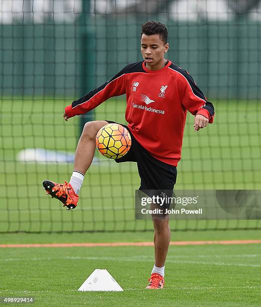 Allan Rodrigues de Souza of Liverpool during a training session at Melwood Training Ground on November 27, 2015 in Liverpool, England.