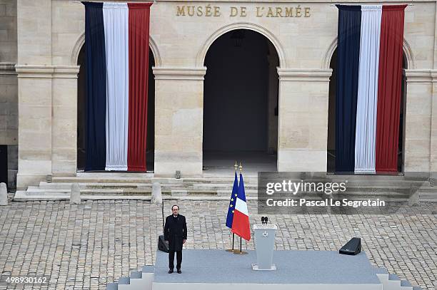 President of France Francois Hollande attends The National Tribute to The Victims of The Paris Terrorist Attacks at Les Invalides on November 27,...