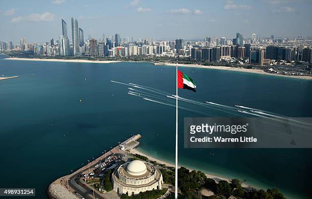Competitors race in the Abu Dhabi Grand Prix on day three during the sixth and final round of the UIM XCAT World Series where 14 boats are competing....