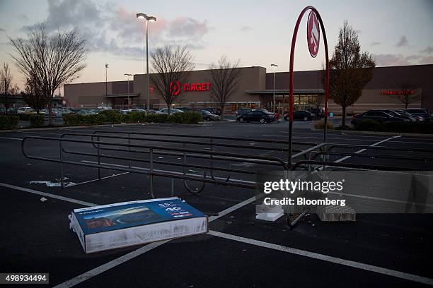 The box of a 55-inch Element TV, sold for $399.99, sits discarded in the parking lot of a Target Corp. Store in Jersey City, New Jersey, U.S., on...