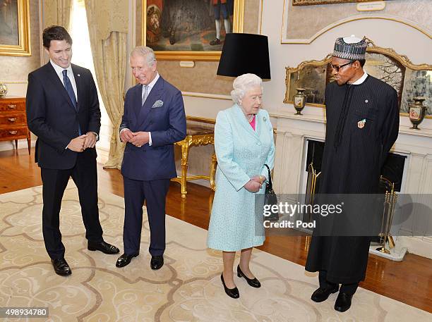 Prime Minister of Canada Justin Trudeau, Prince Charles, Prince of Wales, Queen Elizabeth II and President Muhammadu Buhari of Nigeria during a Heads...