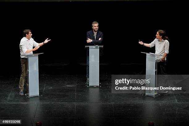 Ciudadanos leader Albert Rivera and Podemos leader Pablo Iglesias debate at Carlos III University of Madrid on November 27, 2015 in Leganes, Madrid...