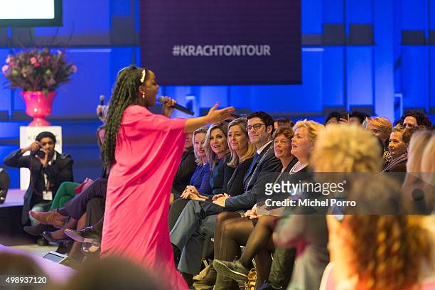 Queen Maxima of The Netherlands watches a performance by Kizzy during the "Kracht On Tour" Financial support workshops for women at the Fokker...