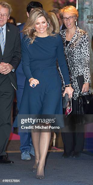 Queen Maxima of The Netherlands wearing a dress by Danish designer Claes Iversen leaves after attending the "Kracht On Tour" financial support...