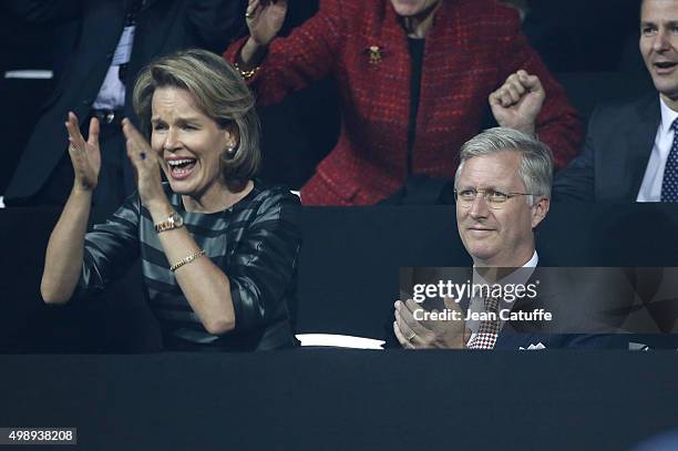 Queen Mathilde of Belgium and King Philippe of Belgium celebrate the victory of David Goffin of Belgium in the first singles match against Kyle...