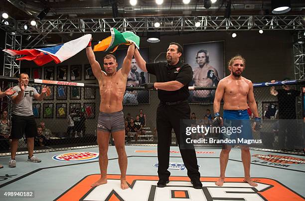 Artem Lobov celebrates his victory over Chris Gruetzemacher during the filming of The Ultimate Fighter: Team McGregor vs Team Faber at the UFC TUF...