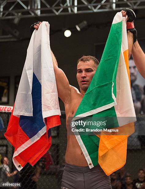 Artem Lobov celebrates his victory over Chris Gruetzemacher during the filming of The Ultimate Fighter: Team McGregor vs Team Faber at the UFC TUF...