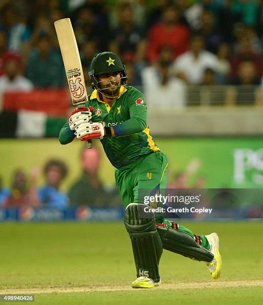 Ahmed Shehzad of Pakistan bats during the 2nd International T20 between Pakistan and England at Dubai Cricket Stadium on November 27, 2015 in Dubai,...