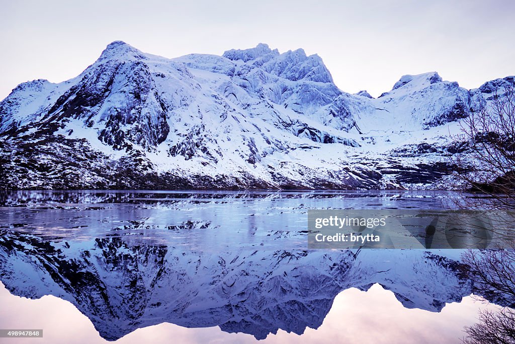 Winter landscape with reflection on Lofoten  near Svolvaer, Norway