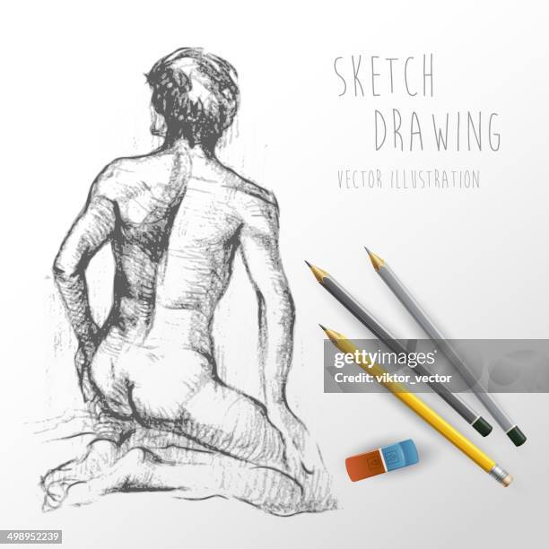 skizze der nackte männliche figur.  vektor-illustration - male feet on face stock-grafiken, -clipart, -cartoons und -symbole