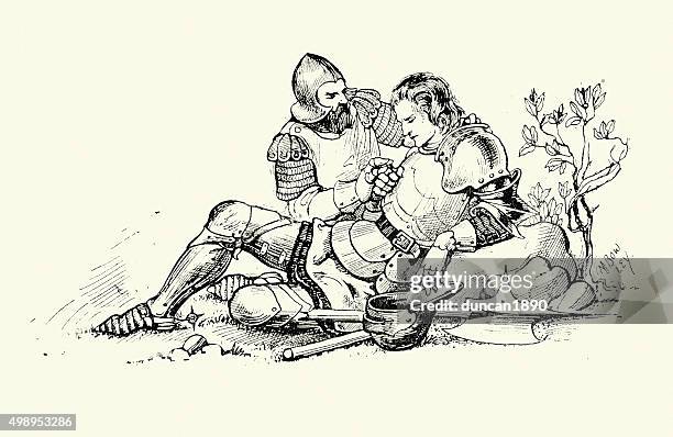 the wounded knight - hundred years war stock illustrations