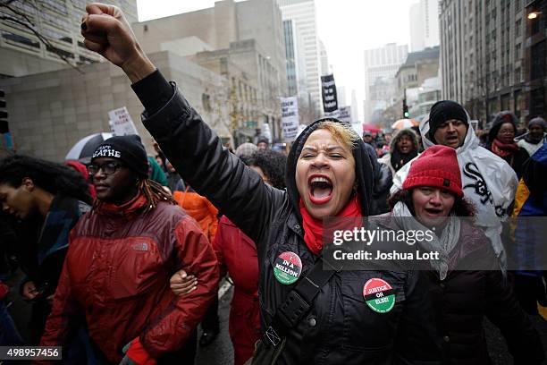 Demonstrators protest the shooting of Laquan McDonald along the Magnificent Mile November 27, 2015 in Chicago, Illinois. Chicago police officer Jason...