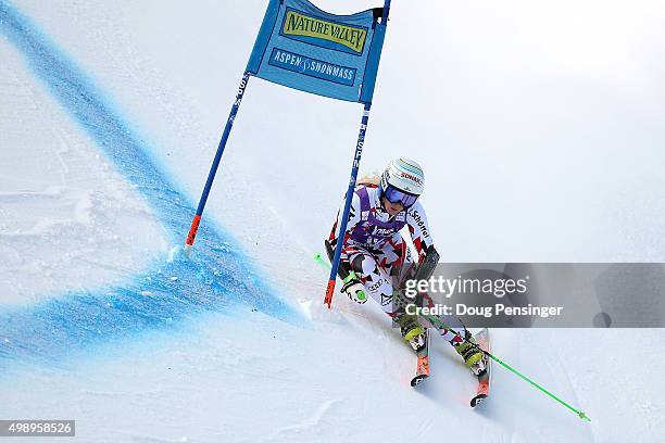 Eva-Maria Brem of Austria competes in the first run of the giant slalom during the Audi FIS Women's Alpine Ski World Cup at the Nature Valley Aspen...
