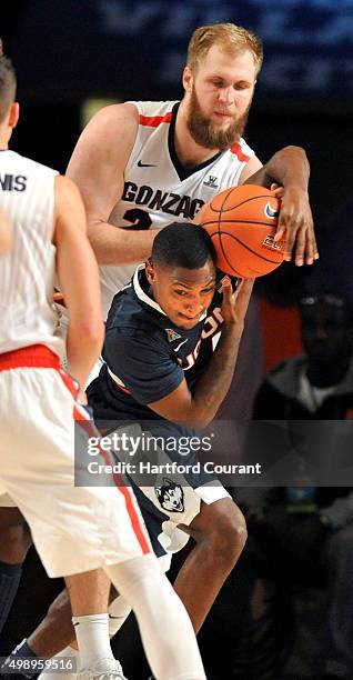 Connecticut Huskies guard Sterling Gibbs rips the ball away from Gonzaga Bulldogs center Przemek Karnowski during the third/fourth place game of the...