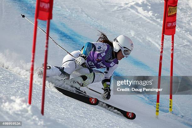 Emi Hasegawa of Japan competes in the first run of the giant slalom during the Audi FIS Women's Alpine Ski World Cup at the Nature Valley Aspen...