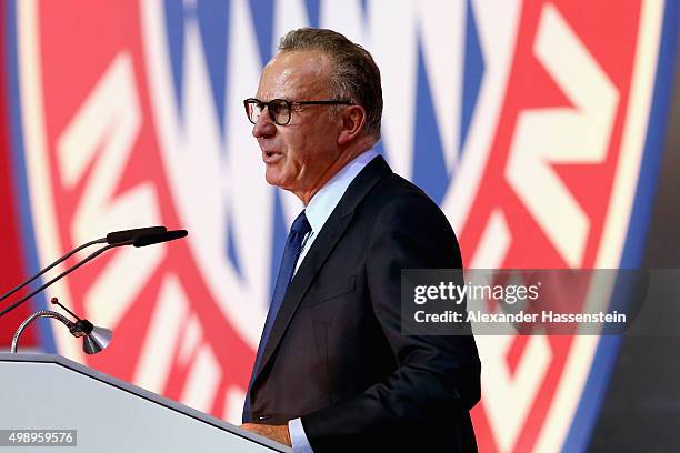 Karl-Heinz Rummenigge, CEO of FC Bayern Muenchen speaks during the FC Bayern Muenchen annual general meeting at Audi Dome on November 27, 2015 in...