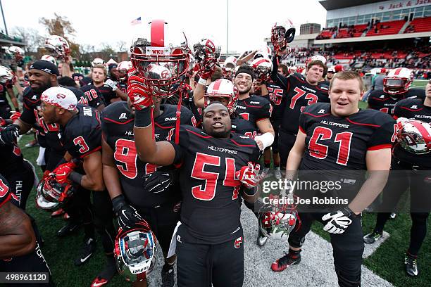 Western Kentucky Hilltoppers players celebrate after the game against the Marshall Thundering Herd at L.T. Smith Stadium on November 27, 2015 in...