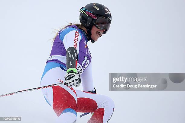 Lara Gut of Switzerland celebrates as she crosses the finish line of her second run as she went on to win the giant slalom during the Audi FIS...