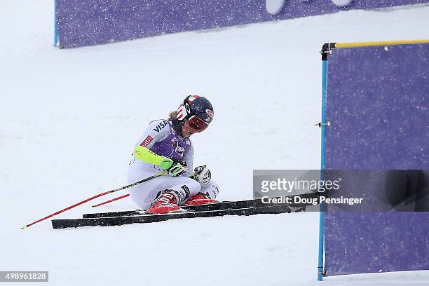 Mikaela Shiffrin of the United States falls near the finish line and does not finish her second run of the giant slalom during the Audi FIS Women's...