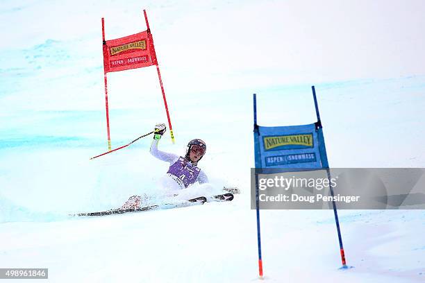 Mikaela Shiffrin of the United States falls near the finish line and does not finish her second run of the giant slalom during the Audi FIS Women's...