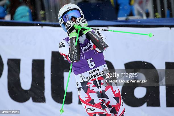 Eva-Maria Brem of Austria reacts after finishing her second run and finishing second in the giant slalom during the Audi FIS Women's Alpine Ski World...