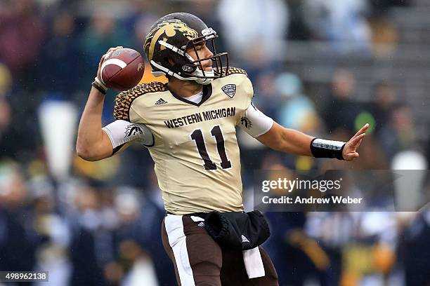 Quarterback Zach Terrell of the Western Michigan Broncos throws a pass during the third quarter against the Toledo Rockets at Glass Bowl on November...