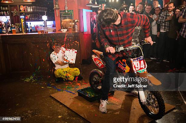 Will McDonald and Travis Pastrana during a live broadcast of "TFI Friday" on November 27, 2015 in London, England.