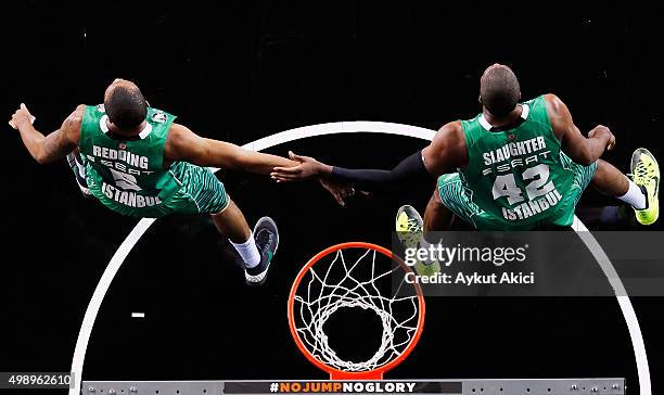 Reggie Redding, #5 of Darussafaka Dogus Istanbul and Marcus Slaughter, #42 of Darussafaka Dogus Istanbul in action during the Turkish Airlines...