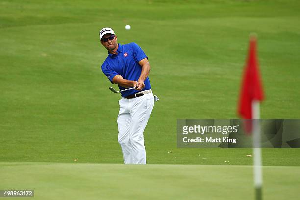 Adam Scott of Australia pitches onto the 1st green during day three of the 2015 Australian Open at The Australian Golf Club on November 28, 2015 in...