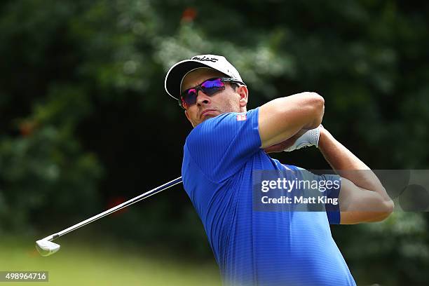 Adam Scott of Australia tees off on the 6th hole during day three of the 2015 Australian Open at The Australian Golf Club on November 28, 2015 in...