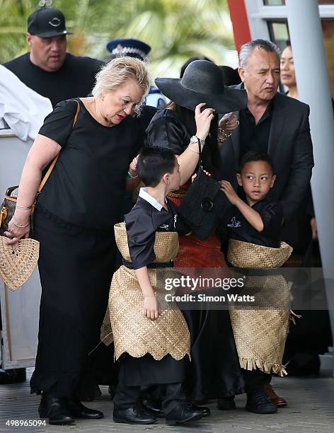 Nadene Quirk, the widow of Jonah Lomu arrives with sons Brayley Lomu and Dhyreille Lomu during the Aho Faka Famili memorial at Vodafone Events Centre...