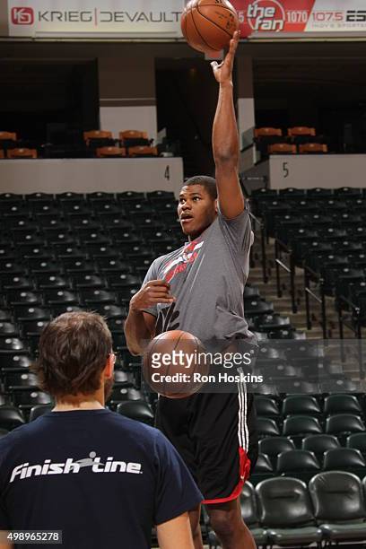 Cristiano Felicio of the Chicago Bulls warms up before the game against the Indiana Pacers on November 27, 2015 at Bankers Life Fieldhouse in...