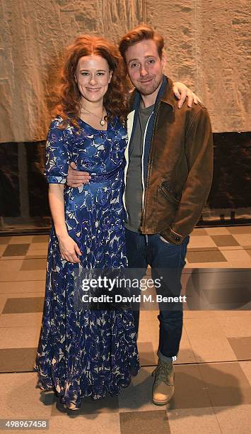 Ricky Wilson and cast member Katie Brayben pose backstage following a performance of "Beautiful: The Carole King Musical" at The Aldwych Theatre on...