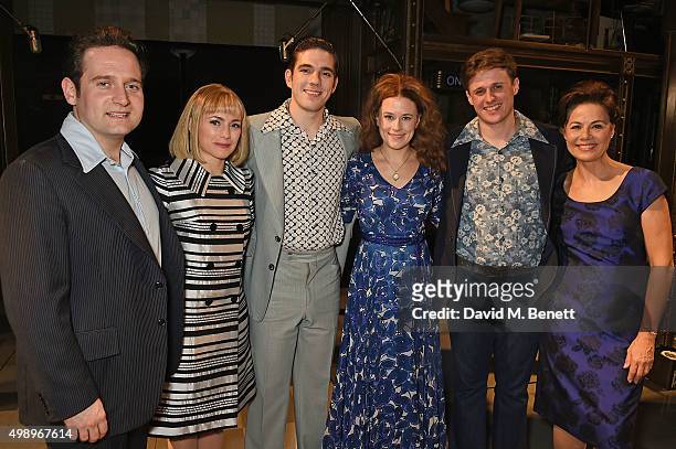 Ricky Wilson, Katie Brayben, Alan Morrissey and cast pose backstage following a performance of "Beautiful: The Carole King Musical" at The Aldwych...