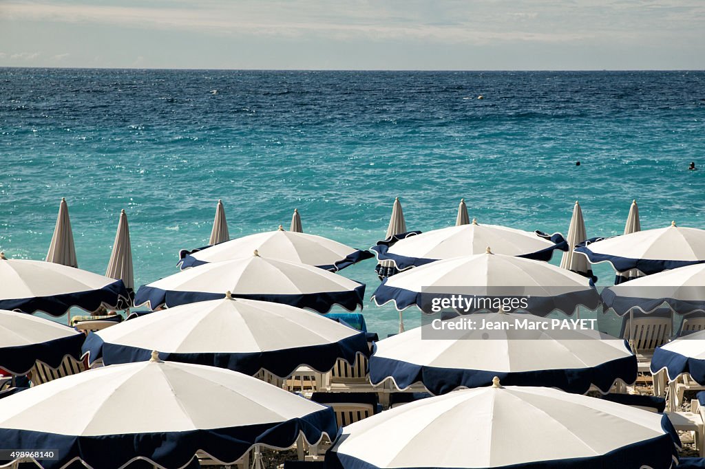 Umbrellas on the beach in Nice