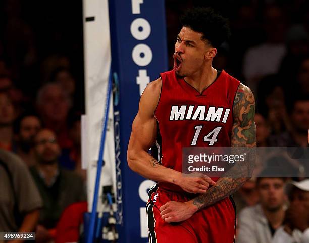 Gerald Green of the Miami Heat celebrates after he dunked the ball in the second half against the New York Knicks at Madison Square Garden on...