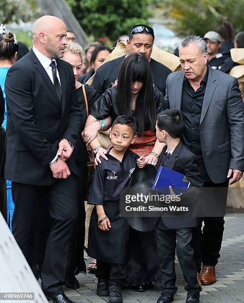 Nadene Quirk, the widow of Jonah Lomu and sons Dhyreille Lomu and Brayley Lomu leave after the Aho Faka Famili memorial for Jonah Lomu at Vodafone...
