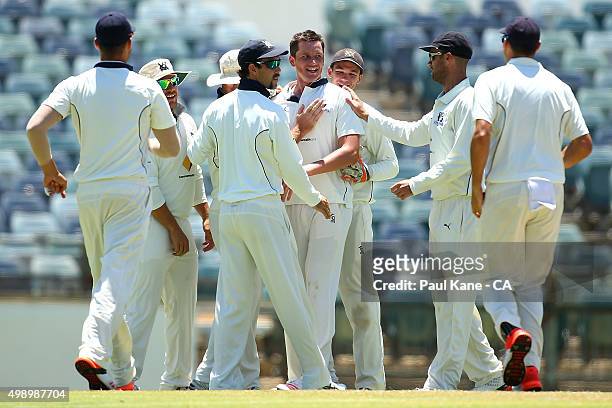 Chris Tremain of Victoria is congratulated by team mates after dismissing Cameron Bancroft of Western Australia during day two of the Sheffield...