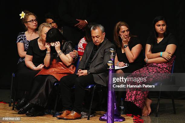 Nadene Quirk, the widow of Jonah Lomu sits with her mother Lois and father Mervyn Kuiek during the Aho Faka Famili memorial at Vodafone Events Centre...