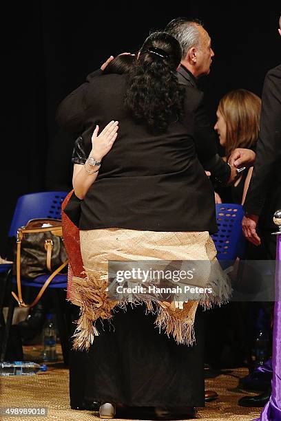 Nadene Quirk, the widow of Jonah Lomu is comforted by mother of Jonah Lomu, Hepi Lomu during the Aho Faka Famili memorial at Vodafone Events Centre...