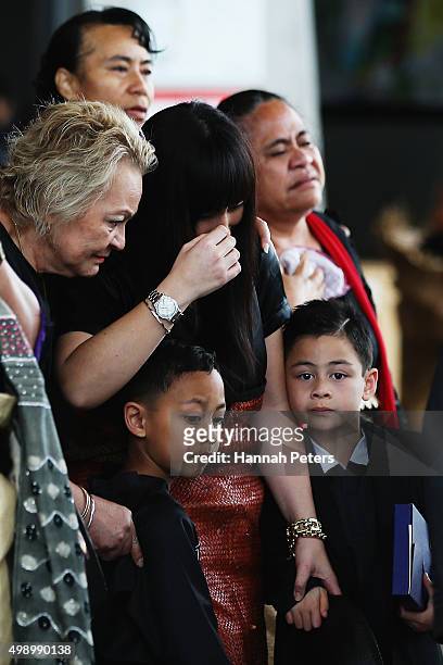 Widow of Jonah Lomu, Nadene Lomu follows behind the casket carrying the body of Jonah Lomu with her mother Lois Kuiek and her two sons, Brayley Lomu...