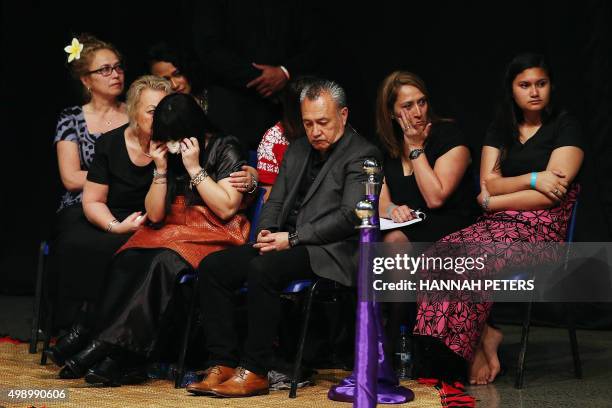 Nadene Quirk, the widow of Jonah Lomu sits with her mother Lois and father Mervyn Kuiek during the Aho Faka Famili memorial for All Black and rugby...