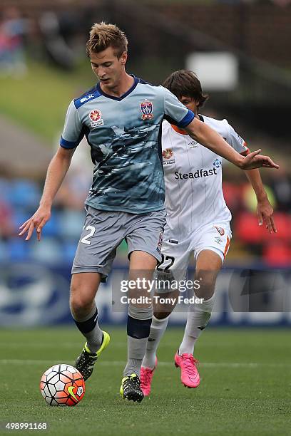 Lachlan Jackson of the Jets controls the ball during the round eight A-League match between the Newcastle Jets and Brisbane Roar at Hunter Stadium on...
